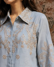 Dusty Blue Eyelet Embroidered Co-ord Set in Linen Denim