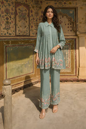 Sage Green Embroidered Co-ord Set in Chinnon