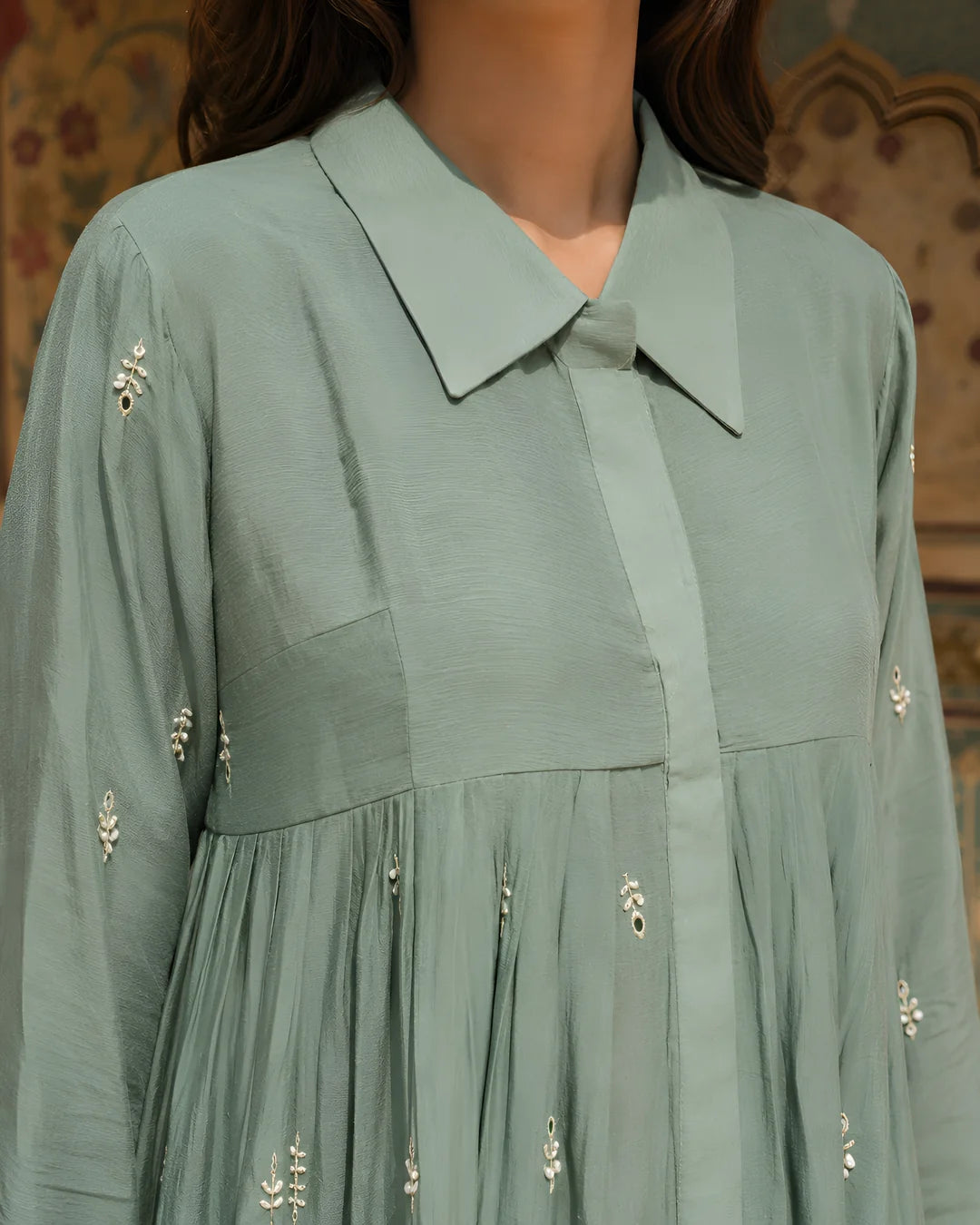 Sage Green Embroidered Co-ord Set in Chinnon