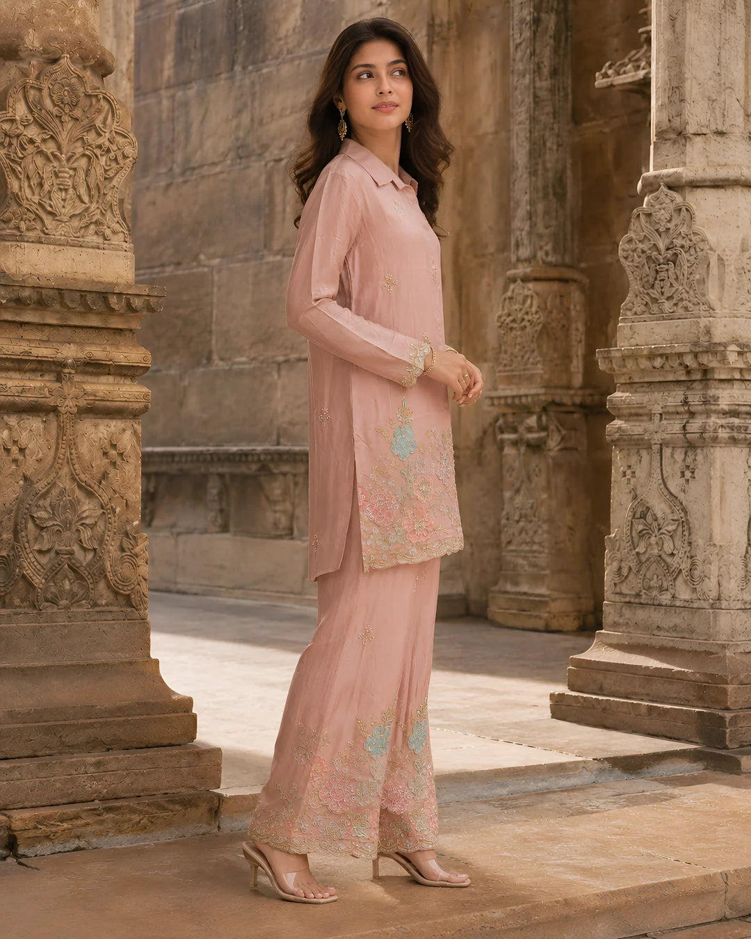 Nude Pink Embroidered Co-ord Set in Chinnon