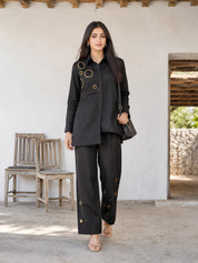 Black women’s co ord set with stylish matching top and bottom for premium party wear and modern fashion styling