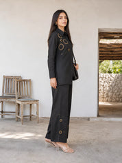 Black Rivet Embroidered Co-ord Set in Cotton Linen