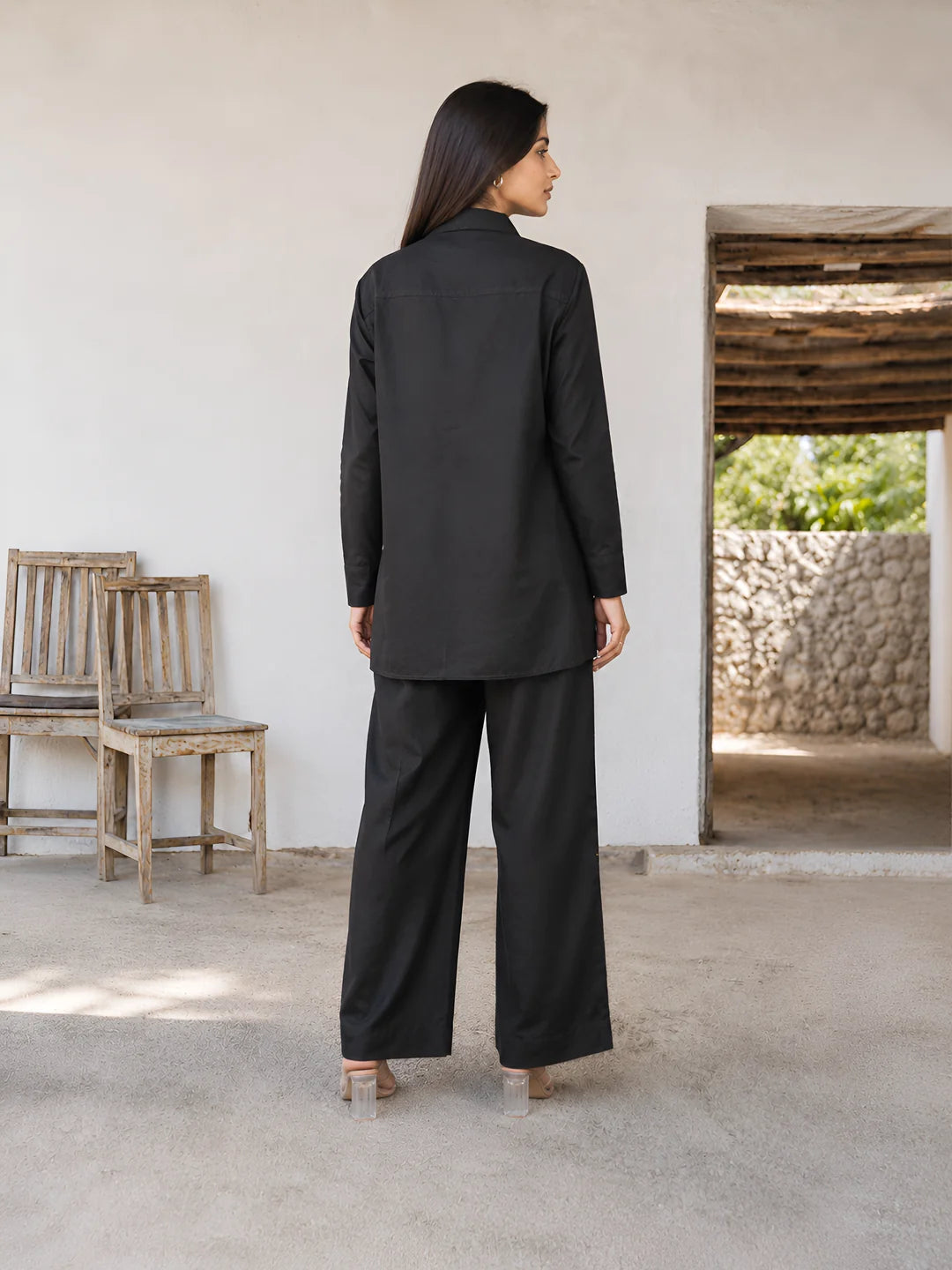 Black Rivet Embroidered Co-ord Set in Cotton Linen