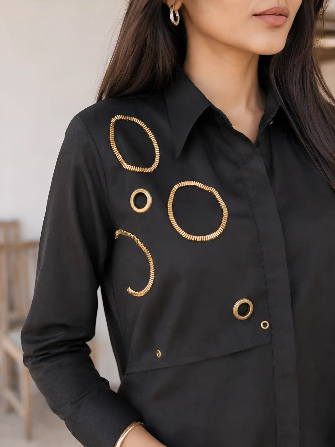 Black Rivet Embroidered Co-ord Set in Cotton Linen