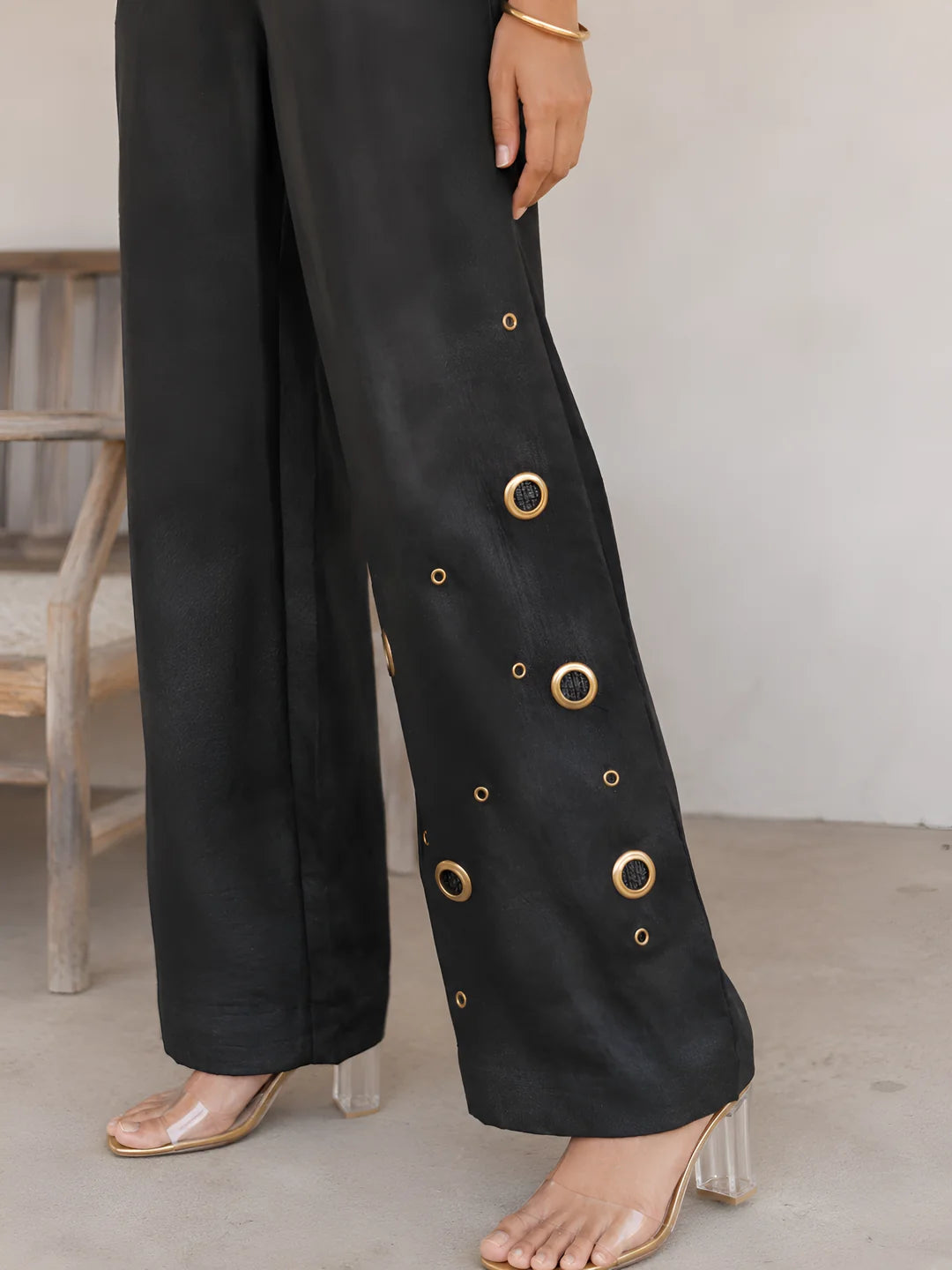 Black Rivet Embroidered Co-ord Set in Cotton Linen