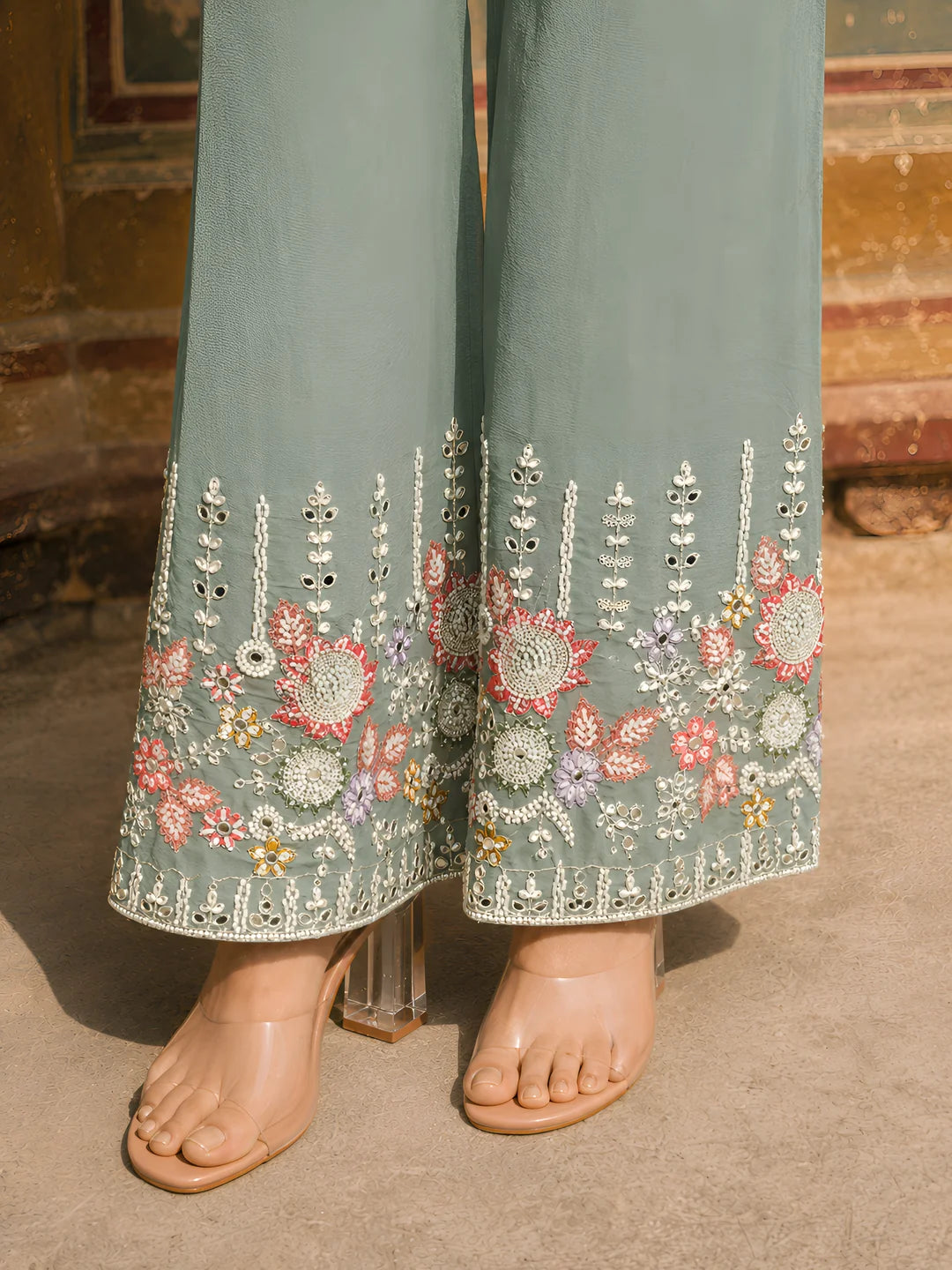 Sage Green Embroidered Co-ord Set in Chinnon