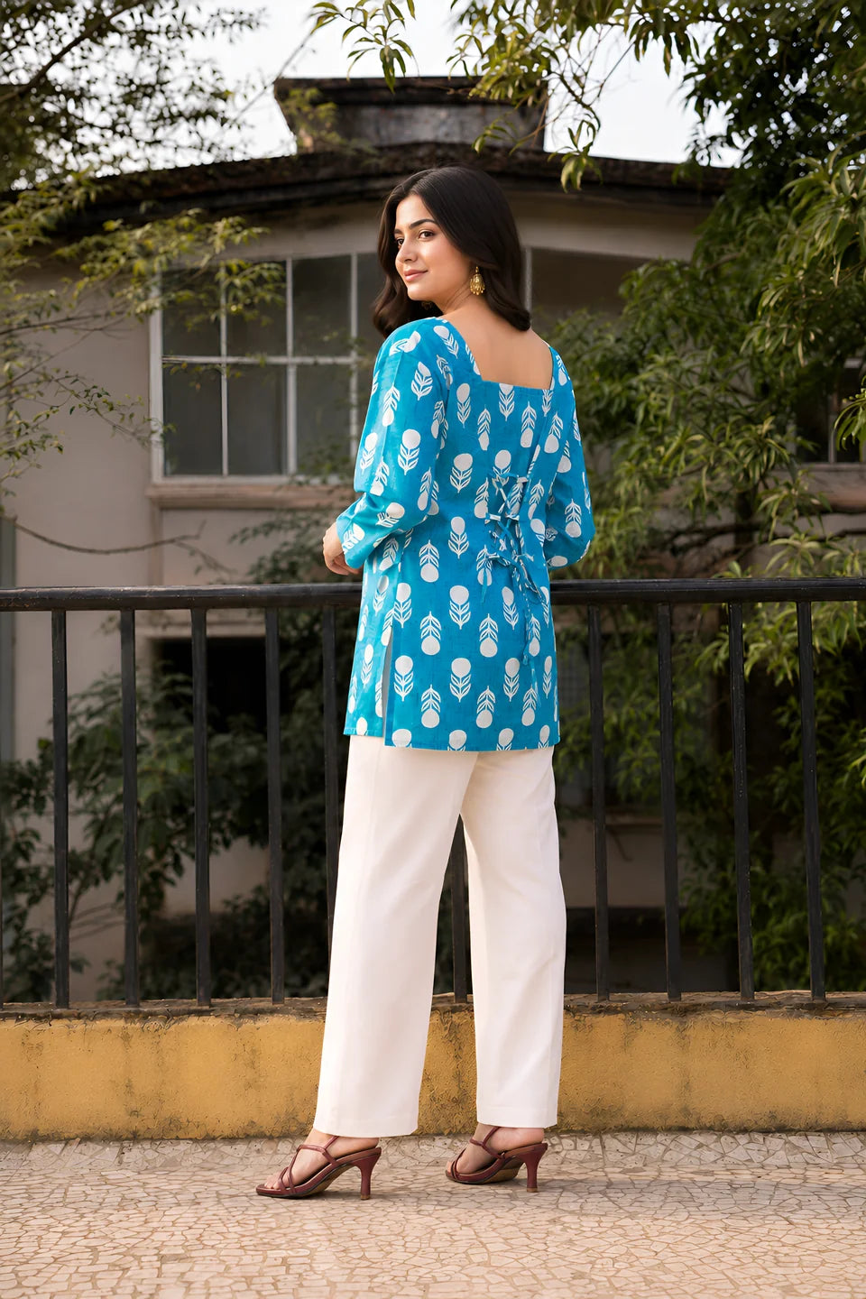 Turquoise Floral Block Print Short Kurti in Cotton
