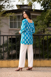 Turquoise Floral Block Print Short Kurti in Cotton