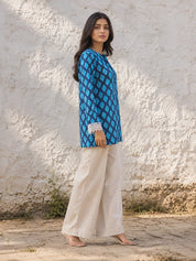 Dark Blue Leaf Print Short Kurti in Cotton