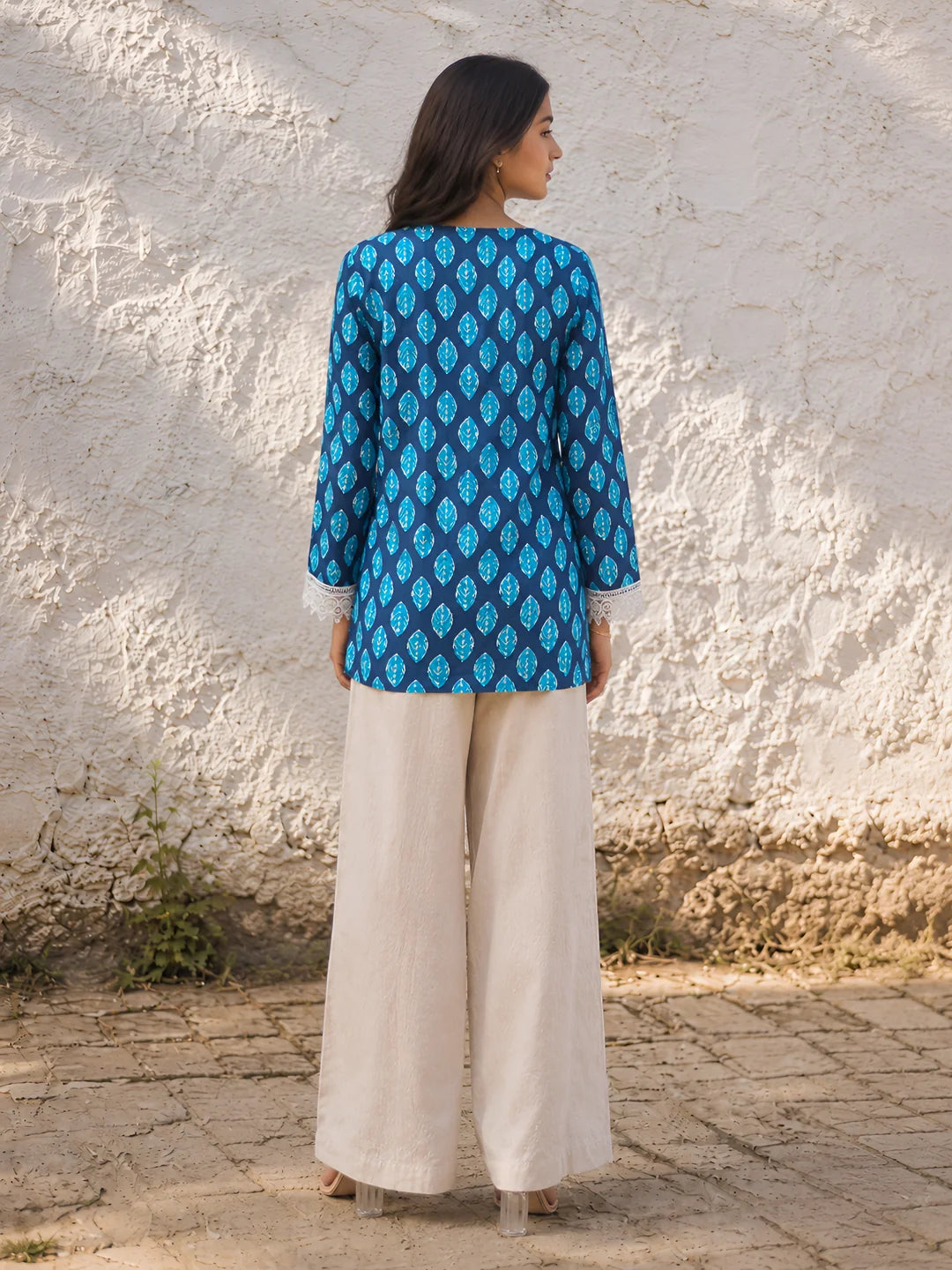 Dark Blue Leaf Print Short Kurti in Cotton