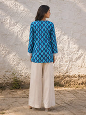 Dark Blue Leaf Print Short Kurti in Cotton