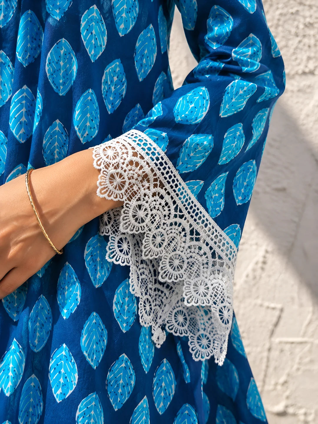 Dark Blue Leaf Print Short Kurti in Cotton