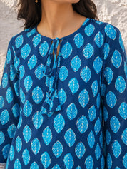 Dark Blue Leaf Print Short Kurti in Cotton