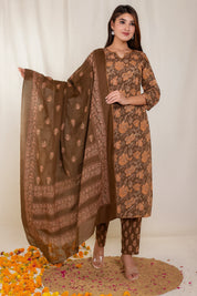 Green & Brown Printed Cotton Ethnic Set with Embroidered Neck & Dupatta