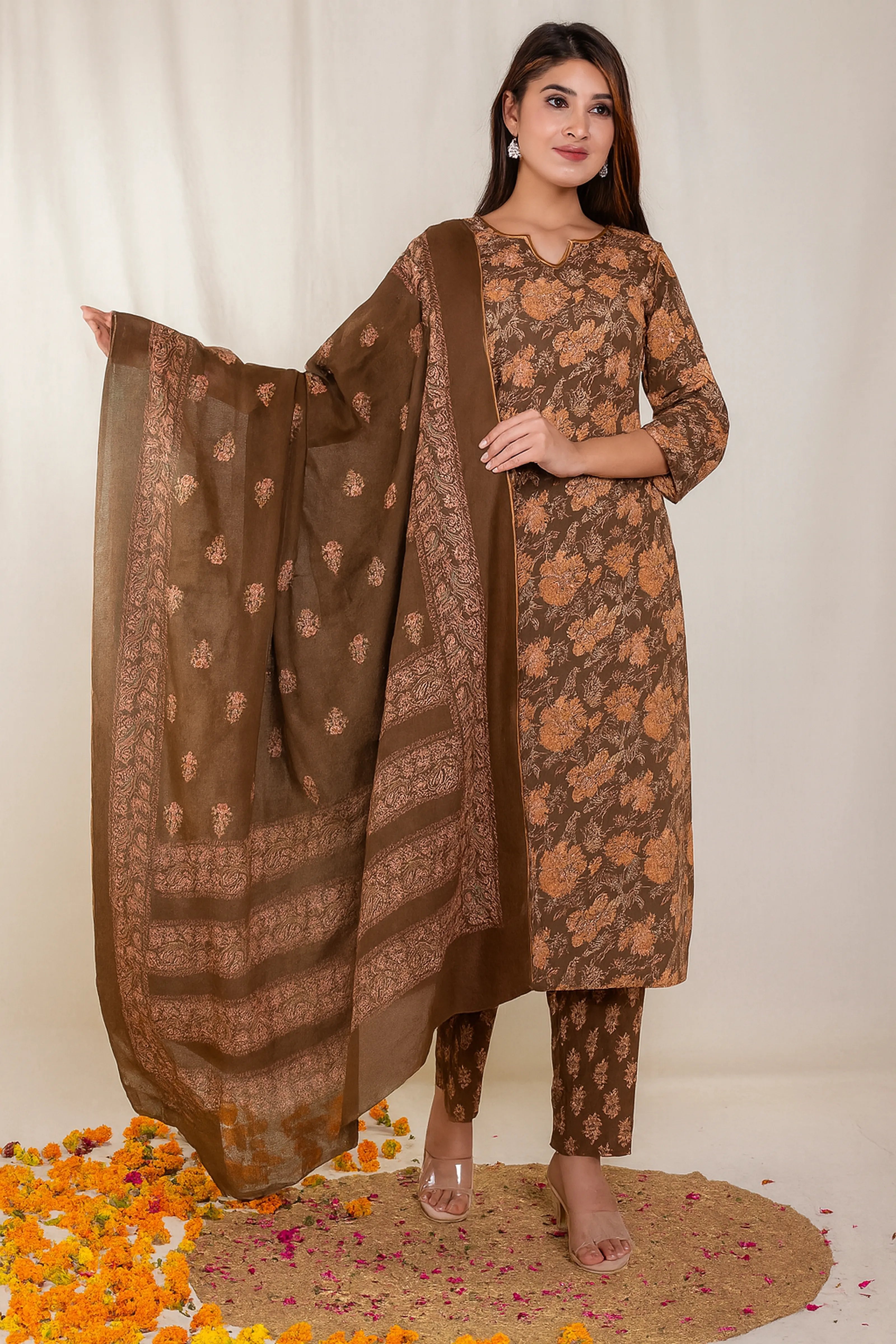 Green & Brown Printed Cotton Ethnic Set with Embroidered Neck & Dupatta