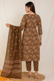 Green & Brown Printed Cotton Ethnic Set with Embroidered Neck & Dupatta