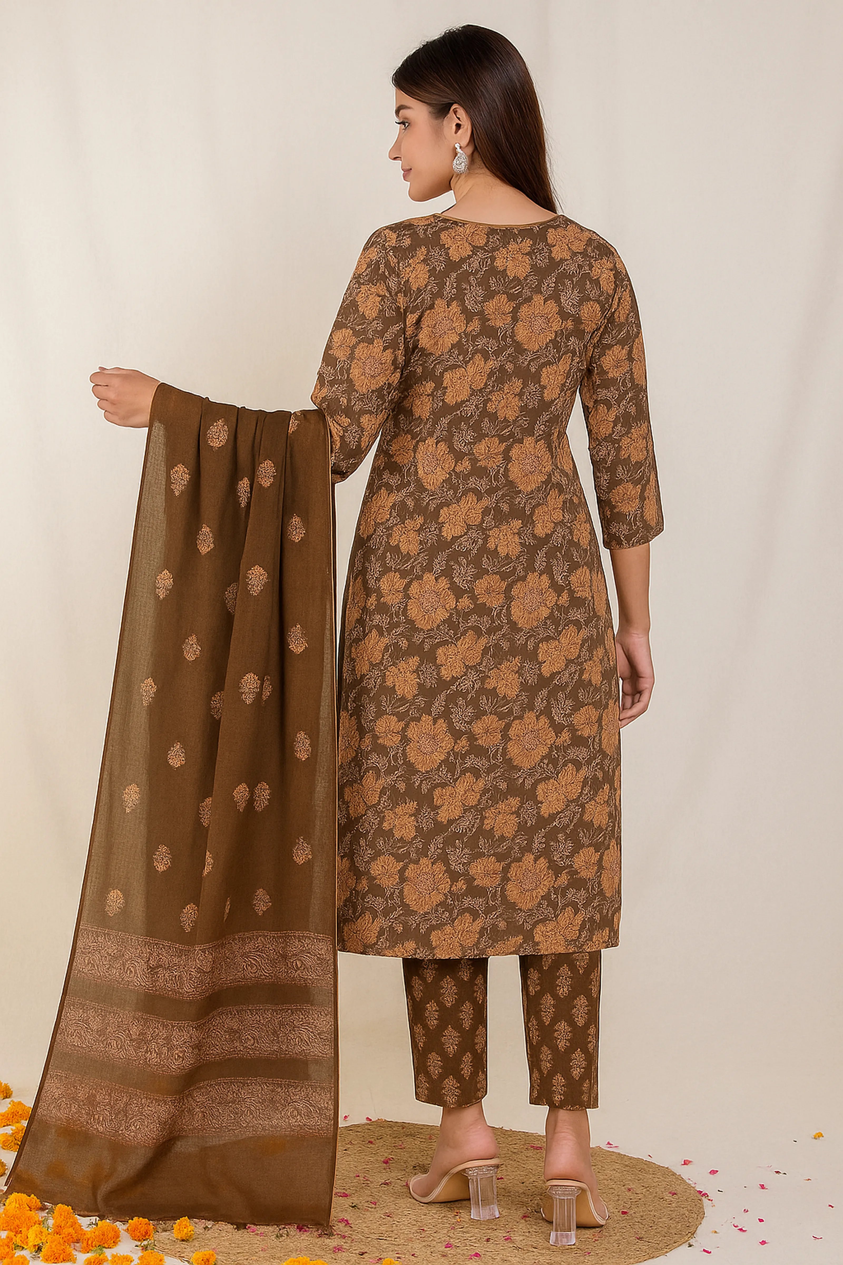 Green & Brown Printed Cotton Ethnic Set with Embroidered Neck & Dupatta
