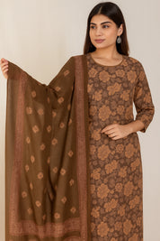 Green & Brown Printed Cotton Ethnic Set with Embroidered Neck & Dupatta