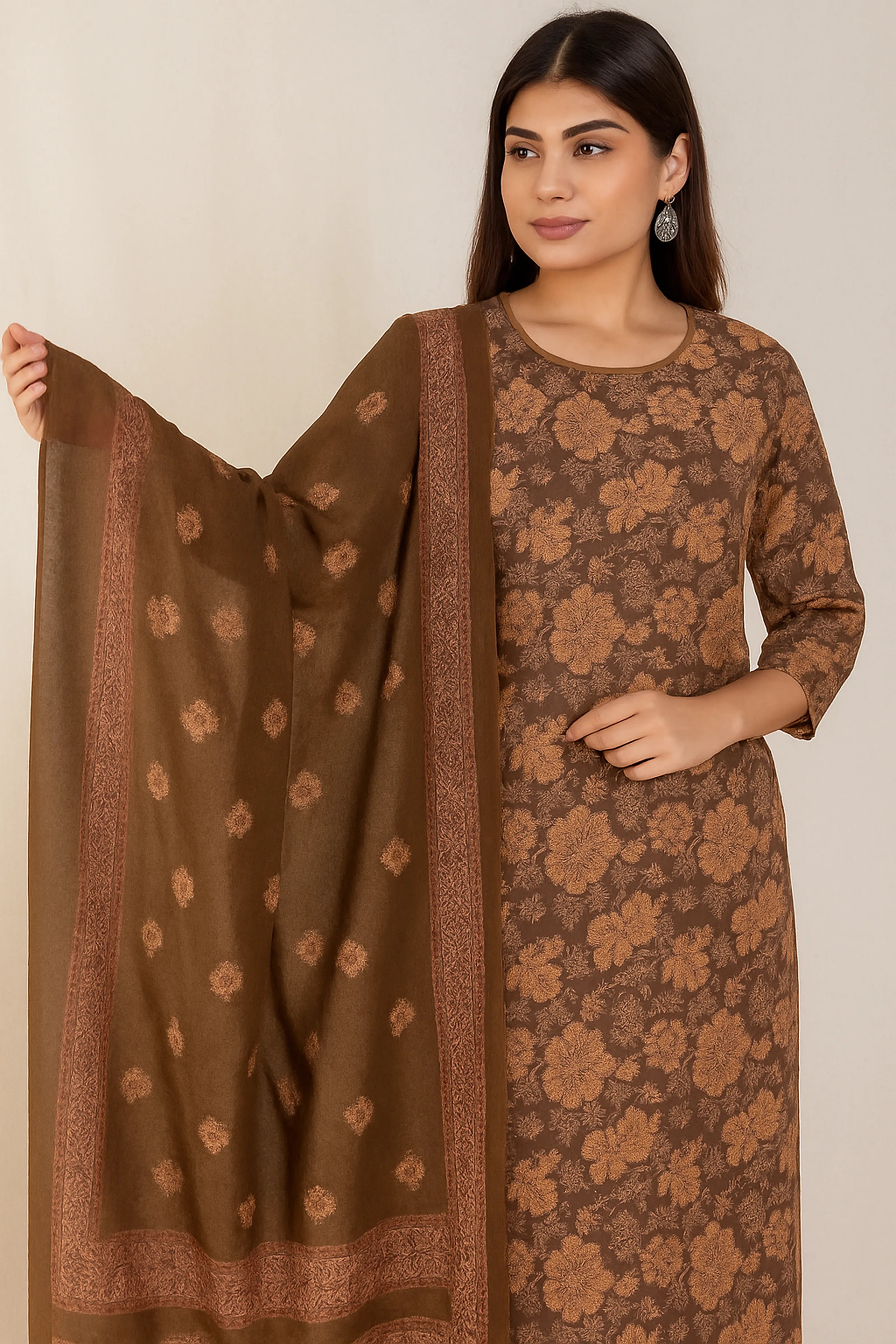Green & Brown Printed Cotton Ethnic Set with Embroidered Neck & Dupatta