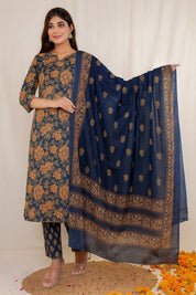 Dark Blue Printed Cotton Cambric Ethnic Set with Embroidered Neck & Dupatta