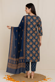 Dark Blue Printed Cotton Cambric Ethnic Set with Embroidered Neck & Dupatta
