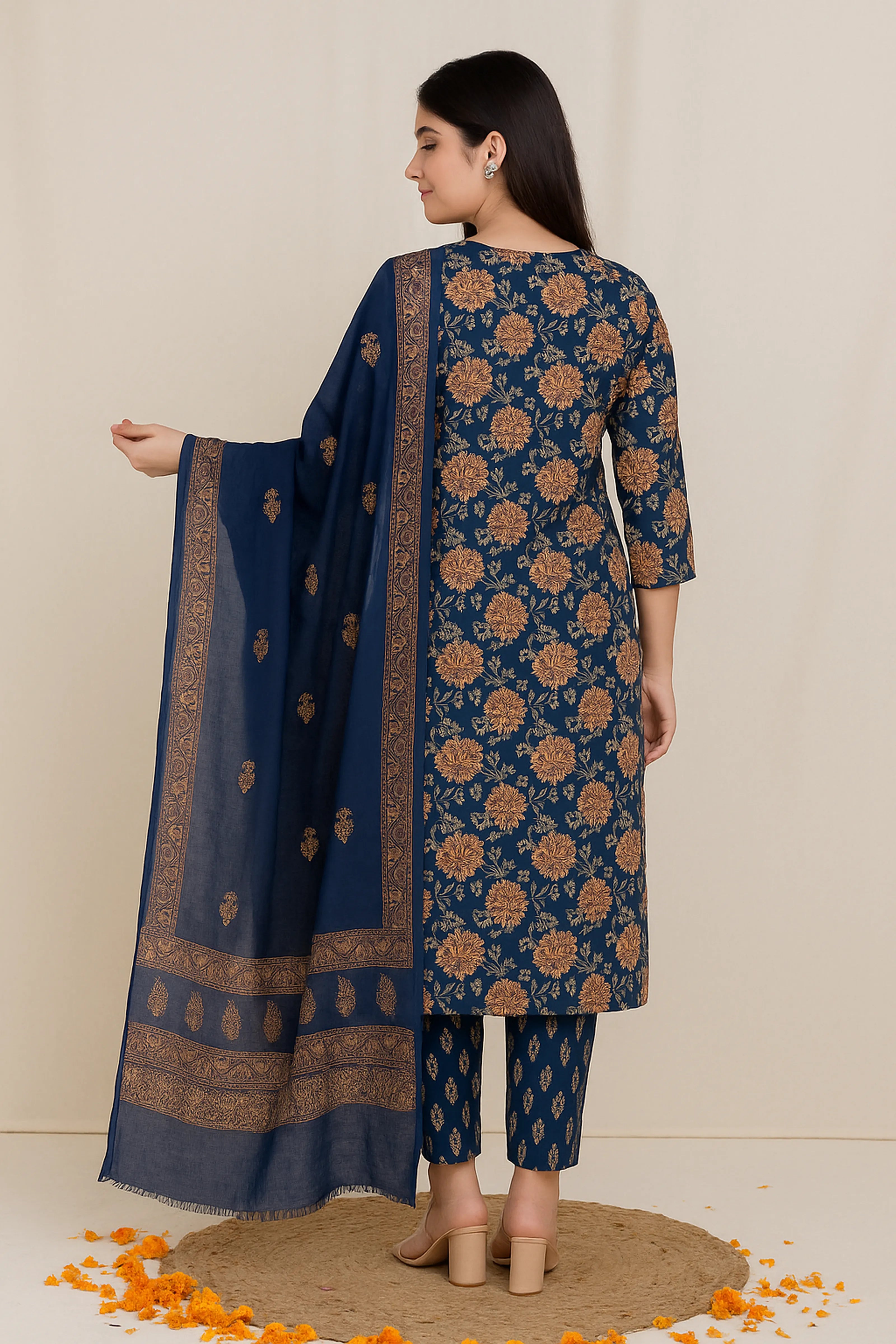 Dark Blue Printed Cotton Cambric Ethnic Set with Embroidered Neck & Dupatta