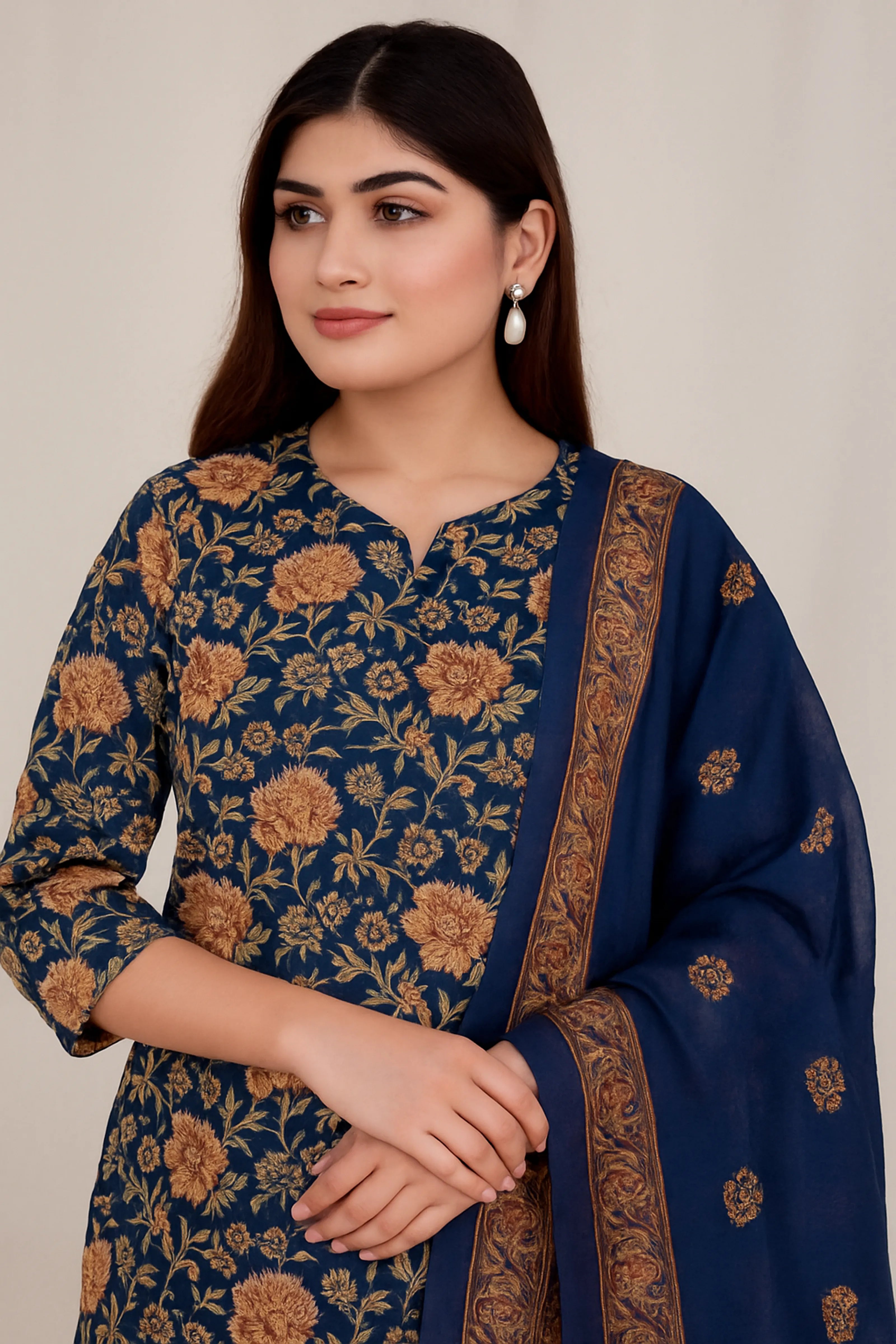 Dark Blue Printed Cotton Cambric Ethnic Set with Embroidered Neck & Dupatta
