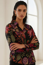 Multicolour Black Base Botanical Print Crepe Shirt