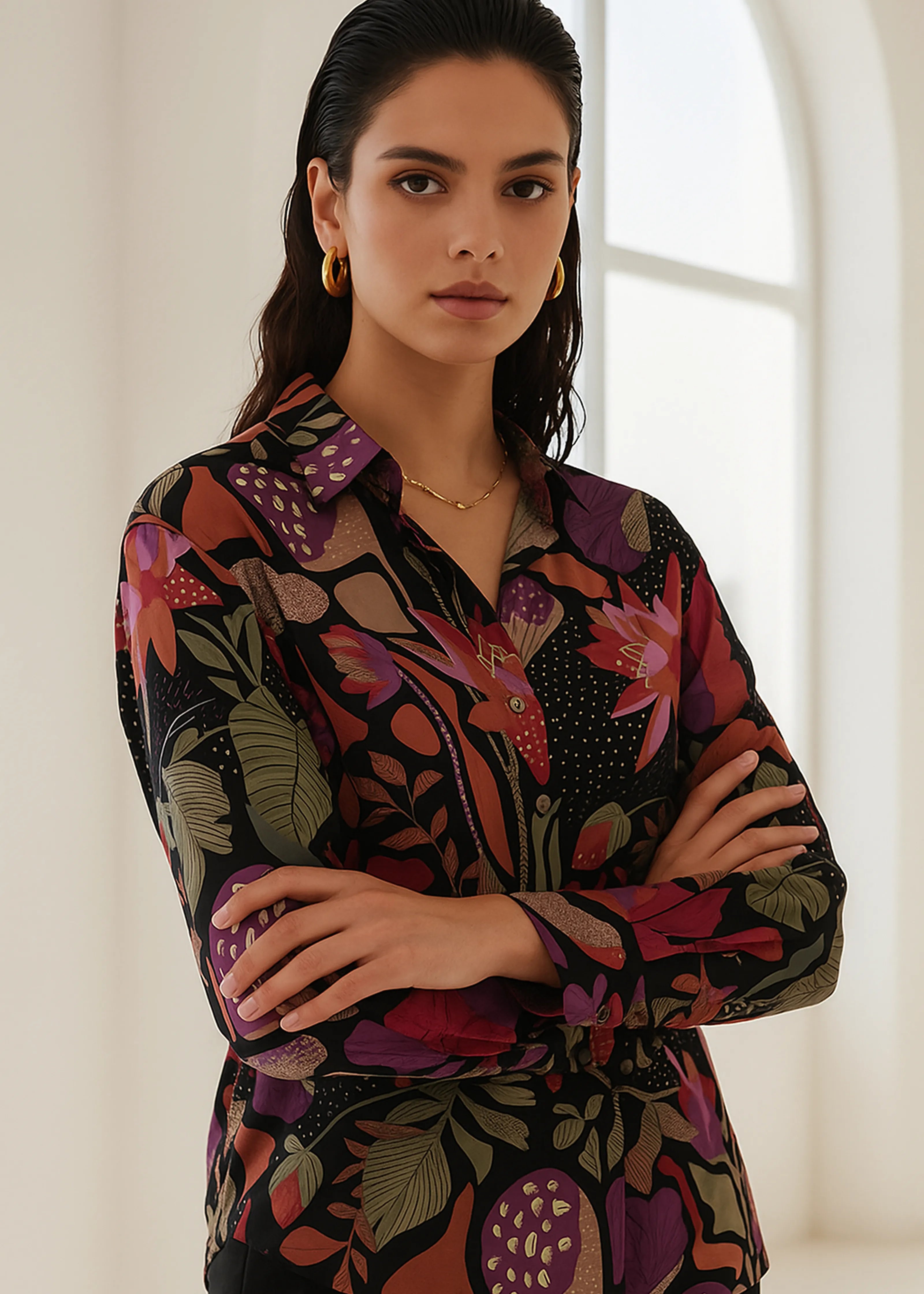 Multicolour Black Base Botanical Print Crepe Shirt