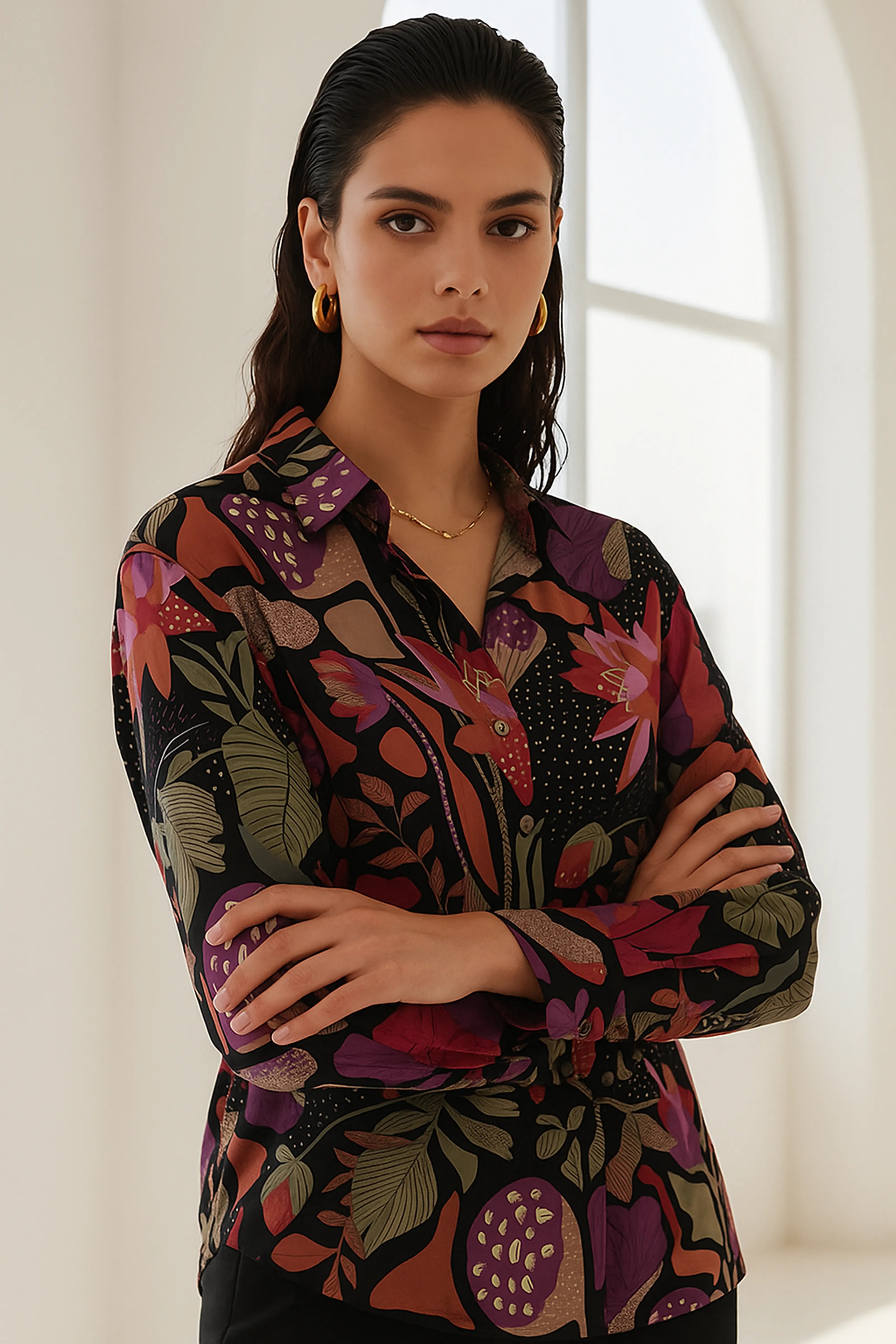 Multicolour Black Base Botanical Print Crepe Shirt