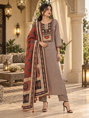 Taupe & Maroon Contrast Yoke Embellished Kurta Set with Geometric Dupatta in Cotton