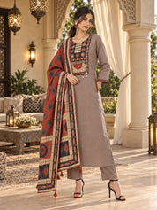 Taupe & Maroon Contrast Yoke Embellished Kurta Set with Geometric Dupatta in Cotton