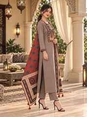Taupe & Maroon Contrast Yoke Embellished Kurta Set with Geometric Dupatta in Cotton