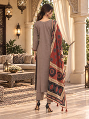 Taupe & Maroon Contrast Yoke Embellished Kurta Set with Geometric Dupatta in Cotton