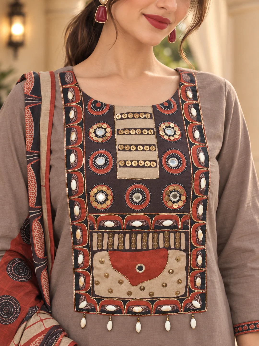 Taupe & Maroon Contrast Yoke Embellished Kurta Set with Geometric Dupatta in Cotton
