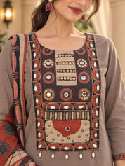 Taupe & Maroon Contrast Yoke Embellished Kurta Set with Geometric Dupatta in Cotton