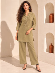 Earthy Beige Looped Fabric Appliqué Co-Ord Set in Cotton Flex