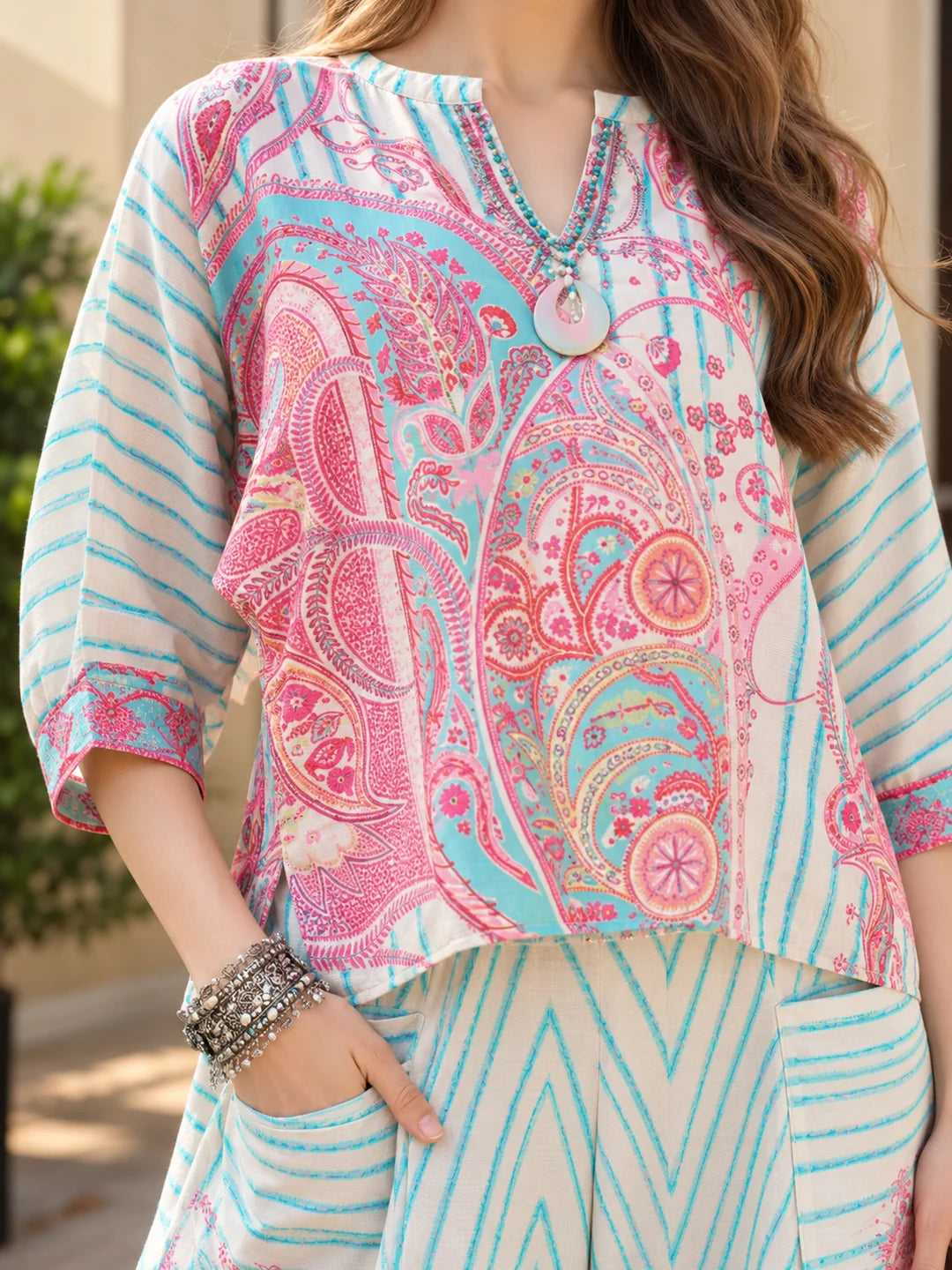 Pink & Blue Paisley Pop Co-ord Set in Viscose Silk