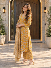 Yellow V-Neck Kurta Set with Floral Jaal Print and Dupatta in Cotton