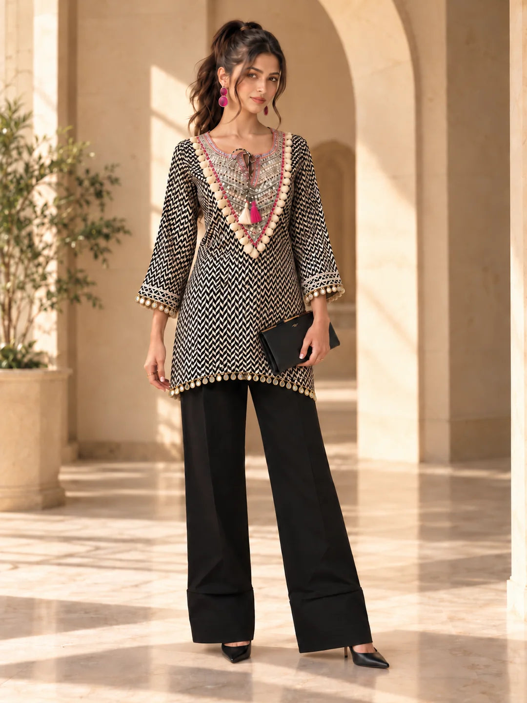 Conjunto coordinado bordado en blanco y negro de muselina