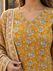 Yellow V-Neck Kurta Set with Floral Jaal Print and Dupatta in Cotton