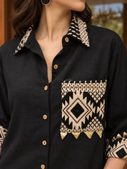 Black Geometric Patchwork Co-Ord Set with Wooden Button Shirt in Cotton