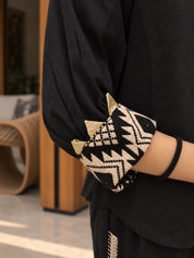 Black Geometric Patchwork Co-Ord Set with Wooden Button Shirt in Cotton