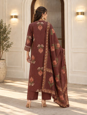 Chocolate Brown Embroidered Yoke Ikkat Buta Printed Kurta Set with Dupatta in Cotton
