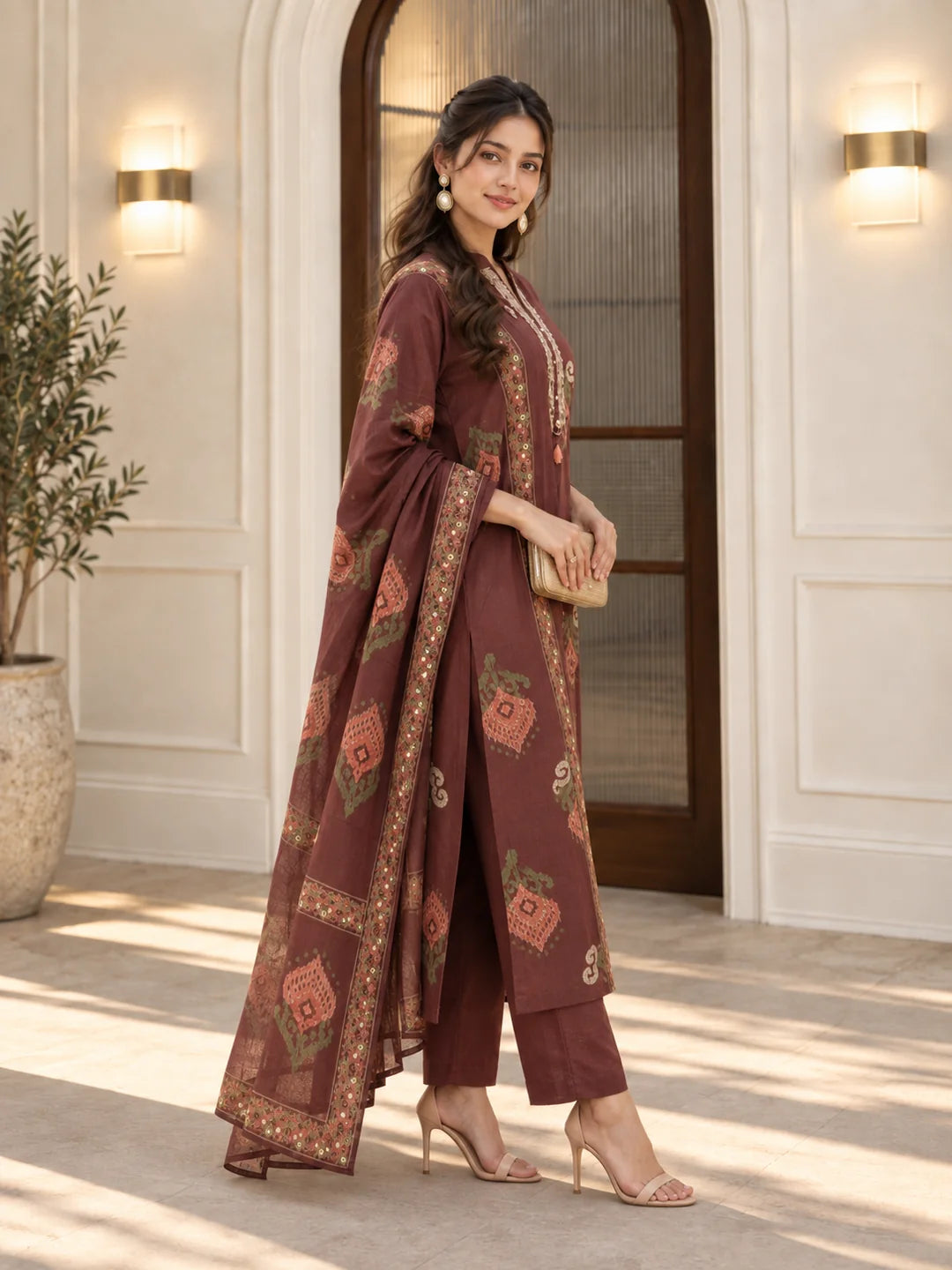 Chocolate Brown Embroidered Yoke Ikkat Buta Printed Kurta Set with Dupatta in Cotton