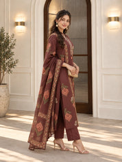 Chocolate Brown Embroidered Yoke Ikkat Buta Printed Kurta Set with Dupatta in Cotton