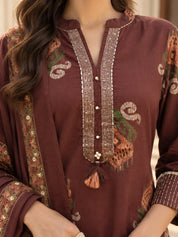 Chocolate Brown Embroidered Yoke Ikkat Buta Printed Kurta Set with Dupatta in Cotton