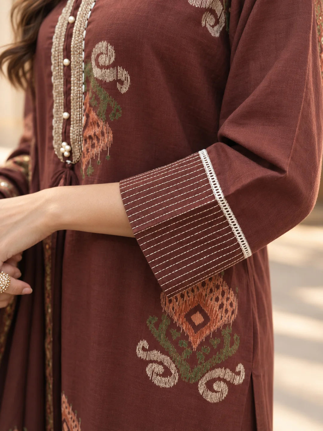 Chocolate Brown Embroidered Yoke Ikkat Buta Printed Kurta Set with Dupatta in Cotton