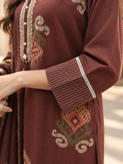 Chocolate Brown Embroidered Yoke Ikkat Buta Printed Kurta Set with Dupatta in Cotton