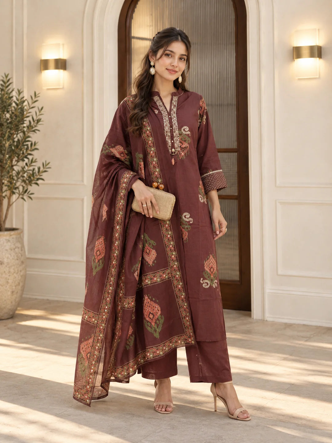 Chocolate Brown Embroidered Yoke Ikkat Buta Printed Kurta Set with Dupatta in Cotton